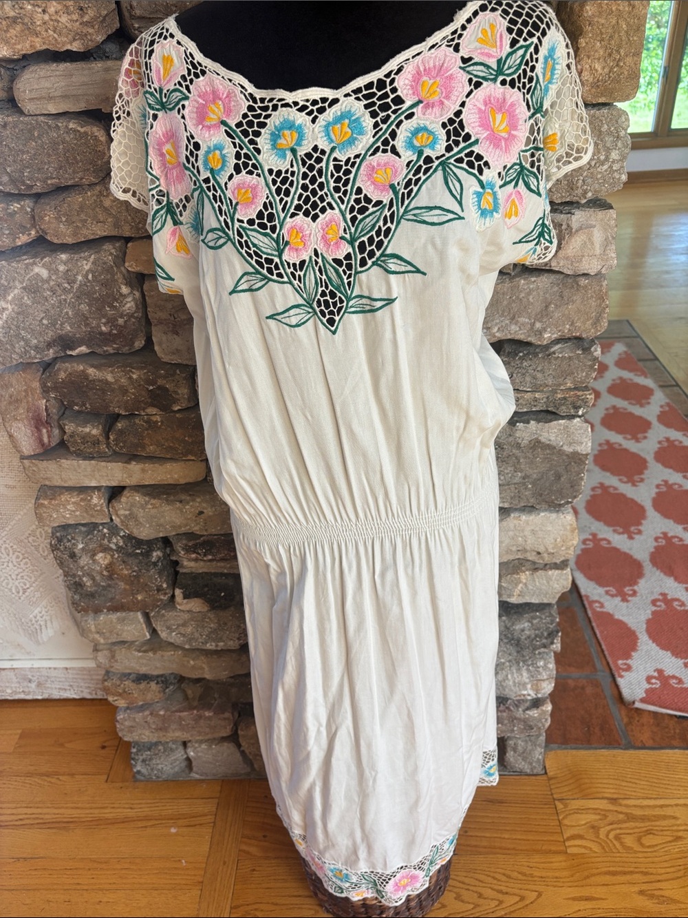 Embroidered Boho White Maxi Dress with Pink & Blue Floral Detail vintage